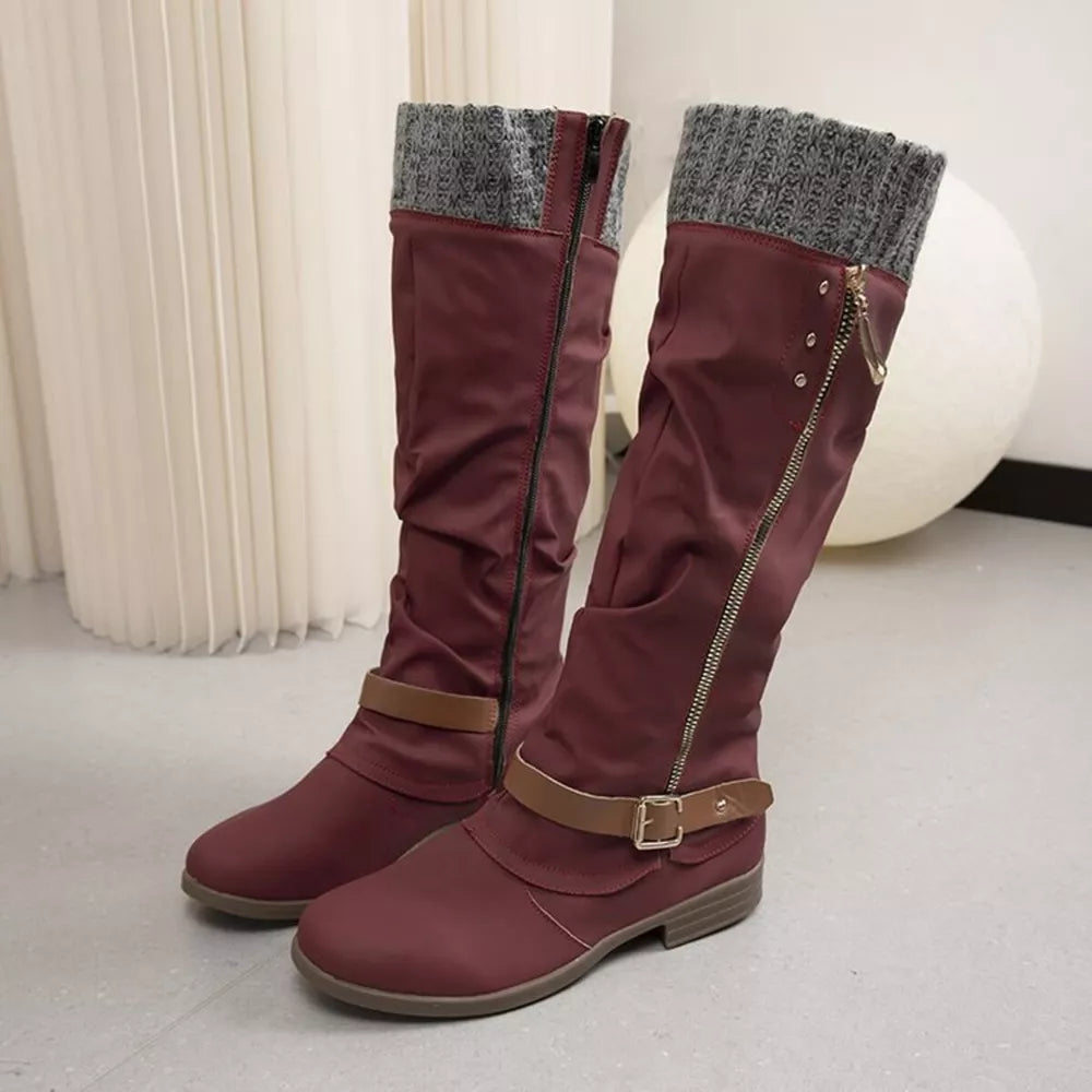 Burgundy slouch knee-high boots with knit cuff and side zipper detail