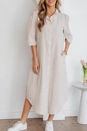 Stripe Frilled Collar Half Sleeve Shirt Dress, model styling view