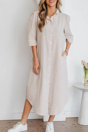Stripe Frilled Collar Half Sleeve Shirt Dress, model styling view