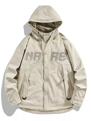 Plus size ivory white hooded jacket with snap-down front and embroidered lettering.