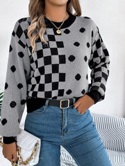 Gray acrylic sweater with checkerboard and dot intarsia pattern, crew neck, long sleeves.