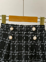 Black plaid tweed skirt with pearl button detail