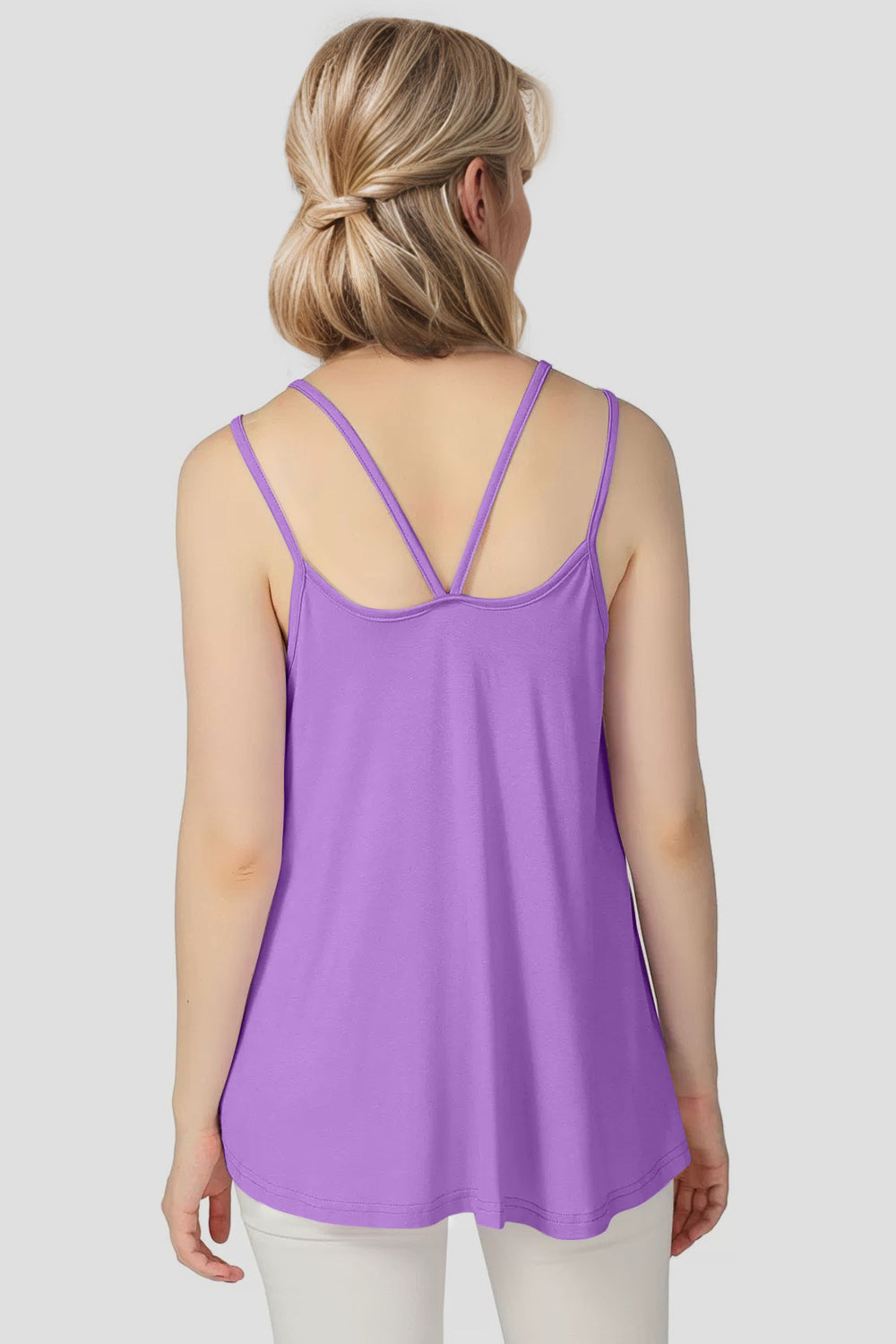 Purple double strap trapeze cami with V-back detail