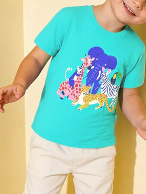 Teal cotton crew neck t-shirt with playful safari animals graphic print