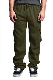 Army green fleece cargo lounge trousers with drawstring waist and ankle ties.