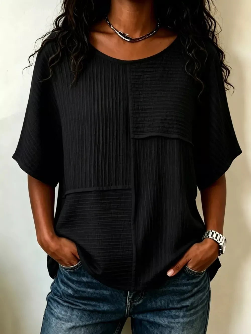 Full Size Texture Round Neck Half Sleeve Blouse, front view