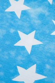 Patriotic t-shirt with white stars on a blue tie-dye background, short ruffle sleeves.
