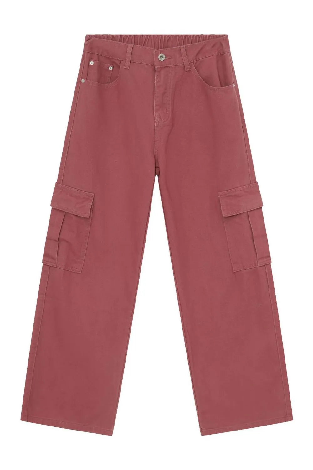 Dusty Rose wide-leg cargo pants with elastic waistband and side cargo pockets.