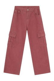 Dusty Rose wide-leg cargo pants with elastic waistband and side cargo pockets.