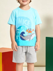 Graphic tee and shorts set, cotton blend, casual cartoon print.