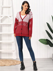 Deep Red Snowflake Jacquard Button-Down Cardigan with V-neck and long sleeves.