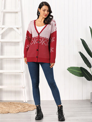 Deep Red Snowflake Jacquard Button-Down Cardigan with V-neck and long sleeves.