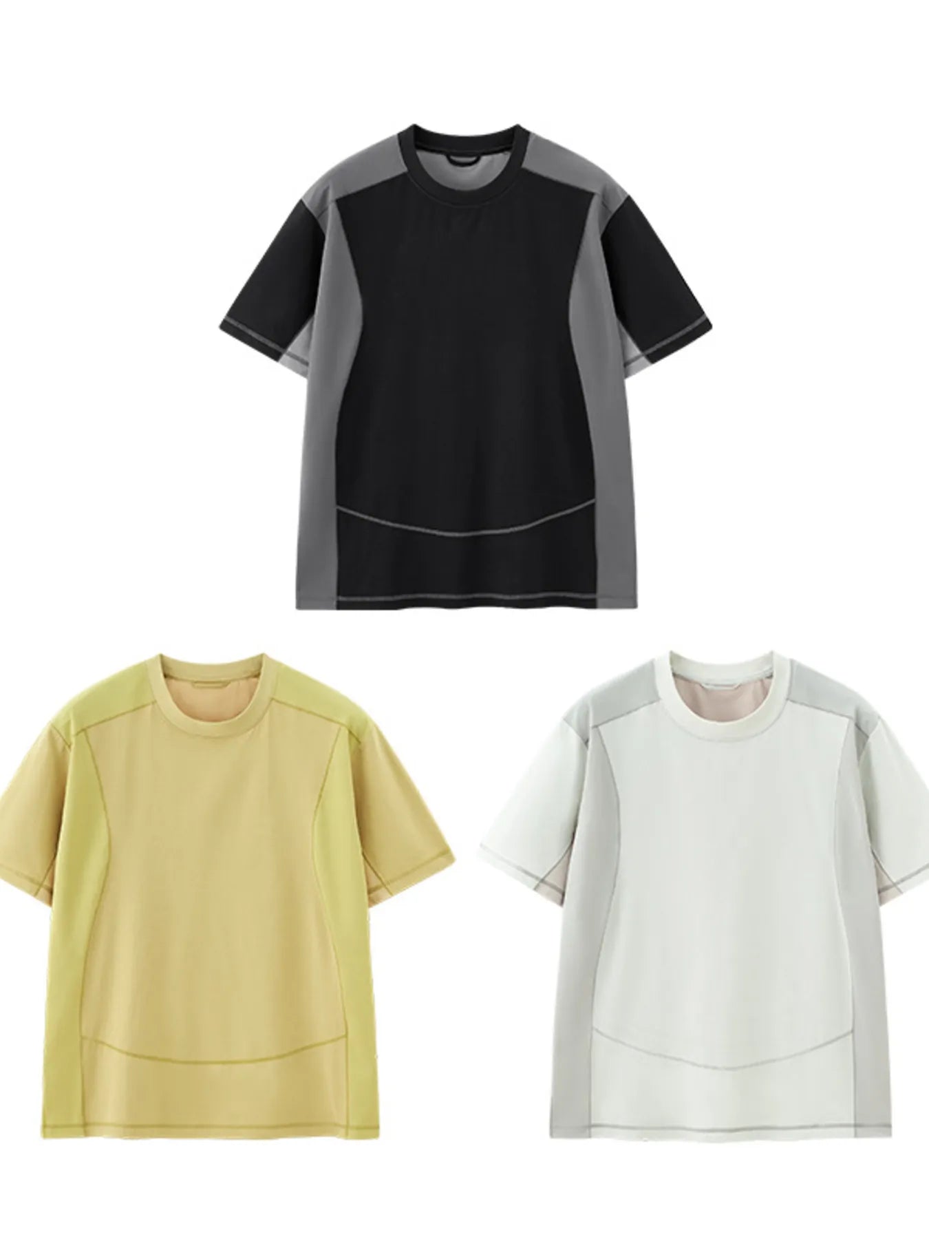 Relaxed fit t-shirt with contrast stitching in black, yellow, and white.