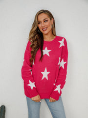 Pink crewneck sweater with white stars, long sleeves, acrylic knit