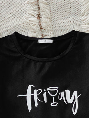 Black graphic tee with white "friday" text and wine glass graphic, crew neck, short sleeve.