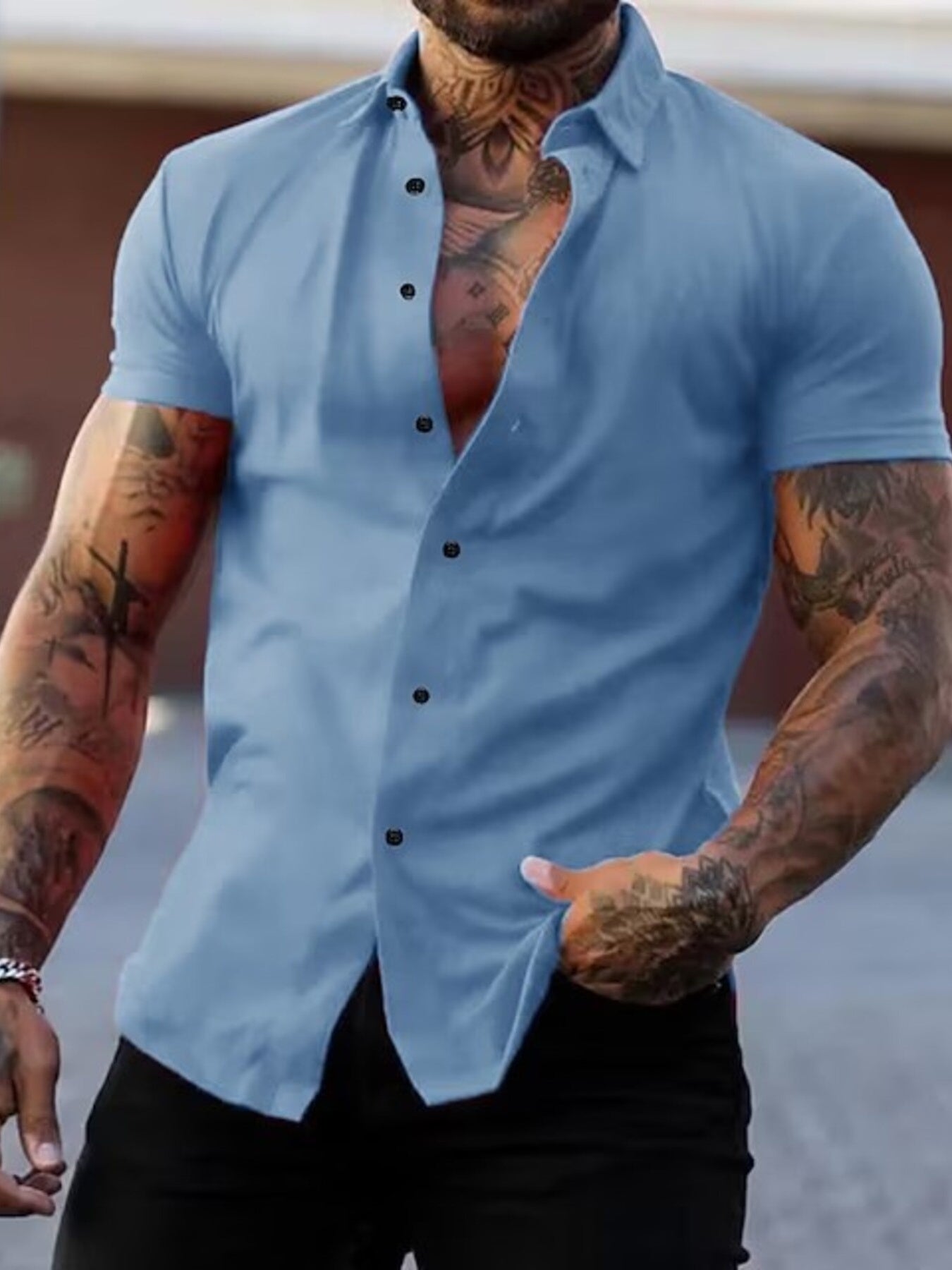 Men's sky blue slim fit short sleeve button-down shirt, cotton blend.