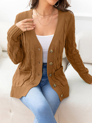 Camel cable-knit cardigan with button front and pockets