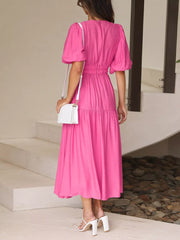 Elegant Puff Sleeve V-neck Midi Dress