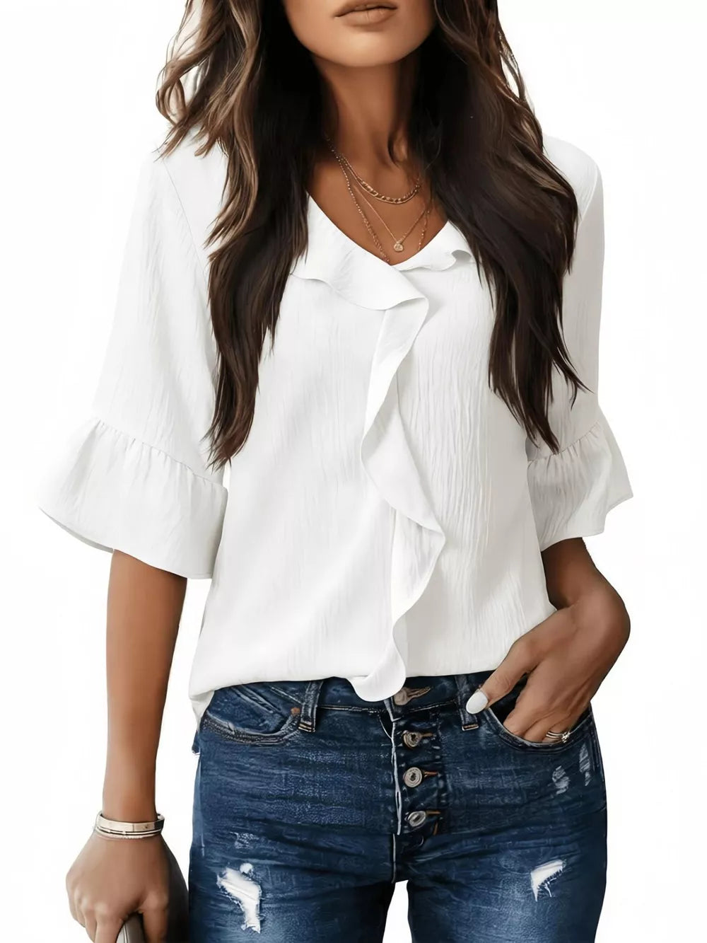 White maternity shirt with cascading ruffles and 3/4 bell sleeves.