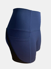 Dark blue activewear shorts with colorblock detail and pocket