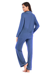 Piped trim pajama set in French Blue with long sleeves and pants, featuring side pockets.