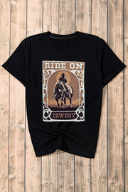 Black graphic t-shirt with a cowboy riding a horse and the words Ride On Cowboy.