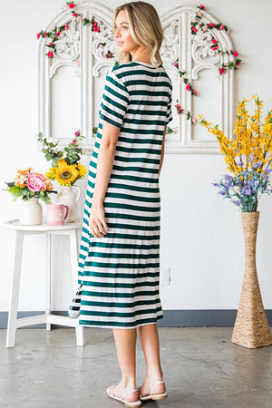 Striped jersey maxi dress in green and white with a side slit hem.