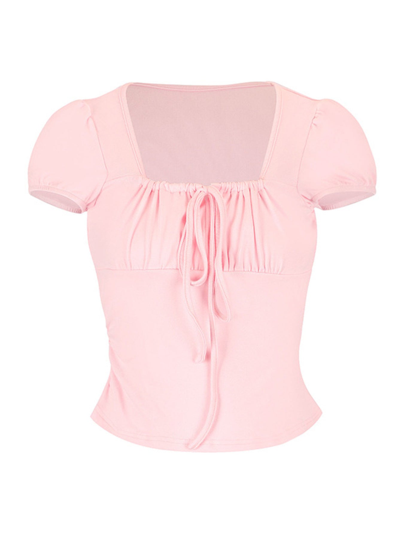 Pink polyester tie-front t-shirt with puff sleeves and square neckline