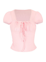 Pink polyester tie-front t-shirt with puff sleeves and square neckline