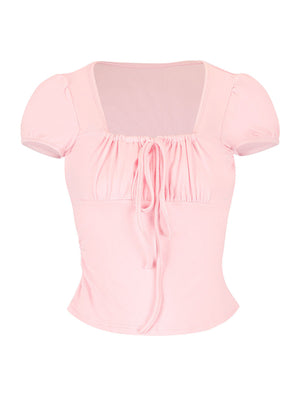 Pink polyester tie-front t-shirt with puff sleeves and square neckline