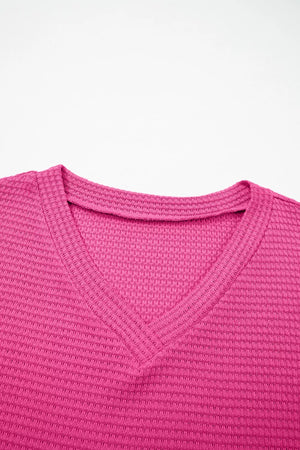 Hot Pink waffle knit V-neck t-shirt with textured fabric detail