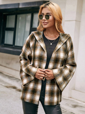 Flared sleeve hooded shacket in camel plaid with buttoned front detail.