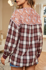 Mixed media plaid blouse with floral yoke and frayed detail. Burgundy and cream plaid.