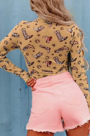 Western print mesh bodysuit in dusty pink, white, orange, or mustard.