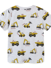 Toddler grey cotton t-shirt with allover yellow construction vehicles print.