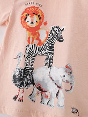 Pink cotton t-shirt with stacked animal graphic including lion, zebra, ostrich, and elephant.