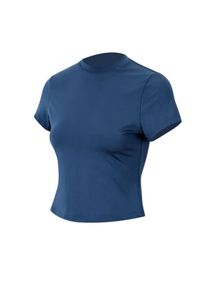 Navy blue cropped crew neck t-shirt with short sleeves.