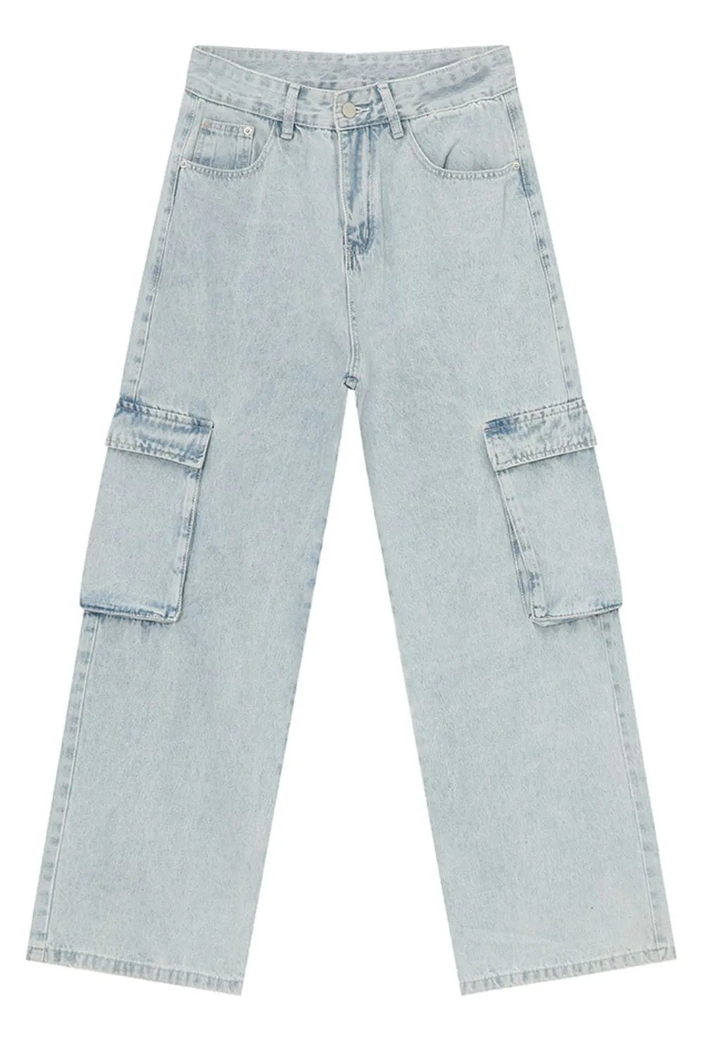 Baggy light wash denim cargo pants with large side pockets.