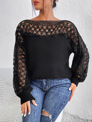 Black acrylic sweater with boatneck, lace inset yoke and balloon sleeves.