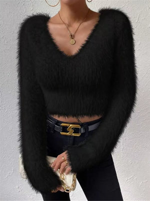 Black fluffy V-neck knit sweater with long sleeves and a cropped fit.