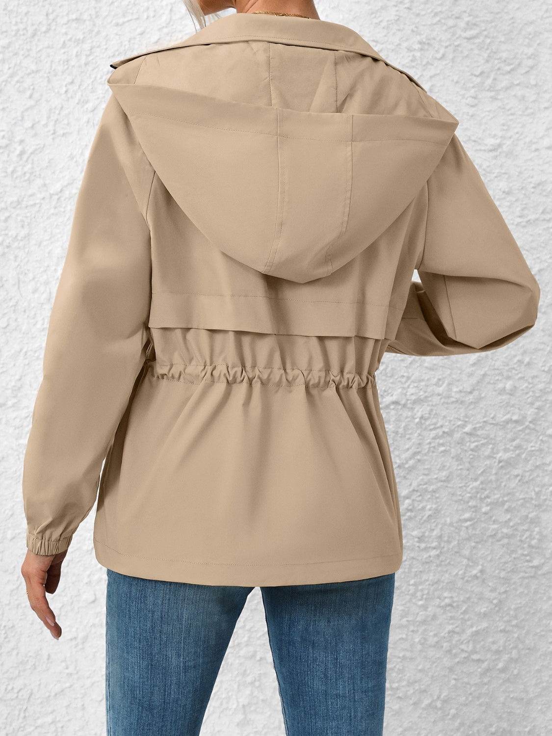 Khaki hooded utility jacket with cinched waist detail
