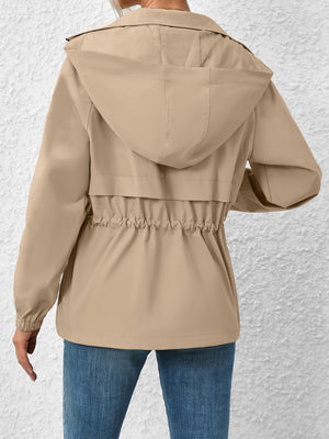 Khaki hooded utility jacket with cinched waist detail
