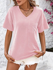 Blush pink textured ribbed V-neck pocket tee with short sleeves.