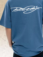 Cerulean crew neck t-shirt with white graphic print on back