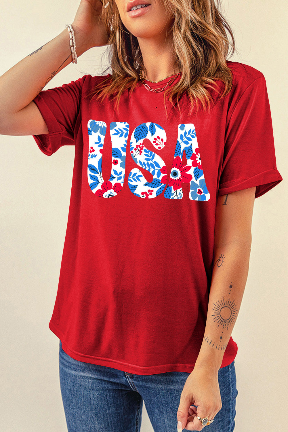 Red t-shirt with floral USA graphic, short sleeves, crew neck
