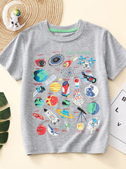 Grey crew neck t-shirt with a colorful space alphabet graphic featuring planets, rockets, and astronauts.