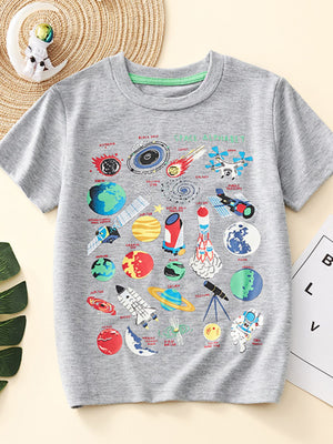 Grey crew neck t-shirt with a colorful space alphabet graphic featuring planets, rockets, and astronauts.