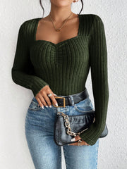 Army green ribbed bodysuit with sweetheart neckline and ruched detail.