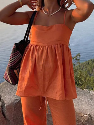 Orange square neck cami and drawstring wide-leg pants set