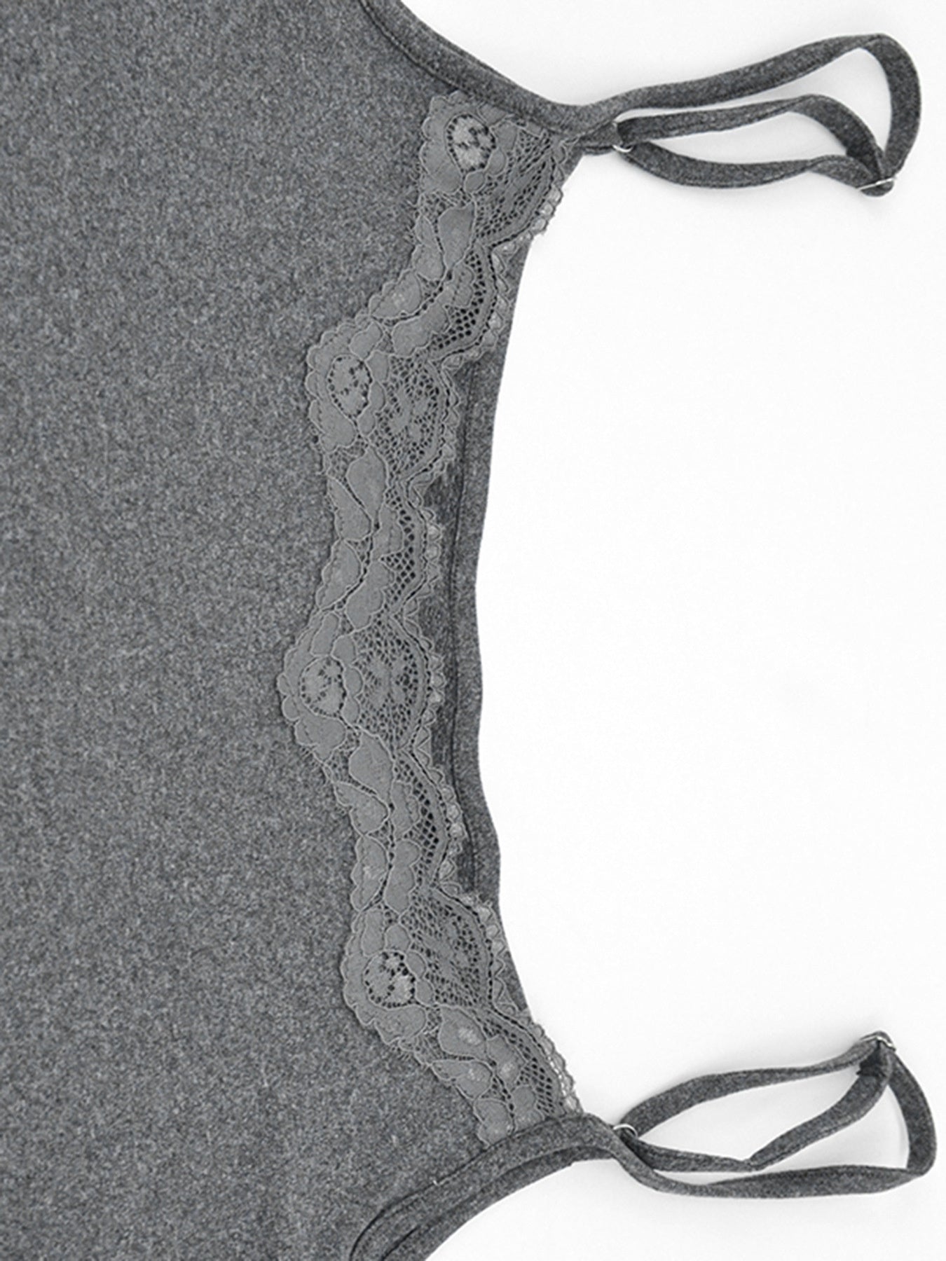 Grey bodycon mini dress with lace trim detail and thin straps